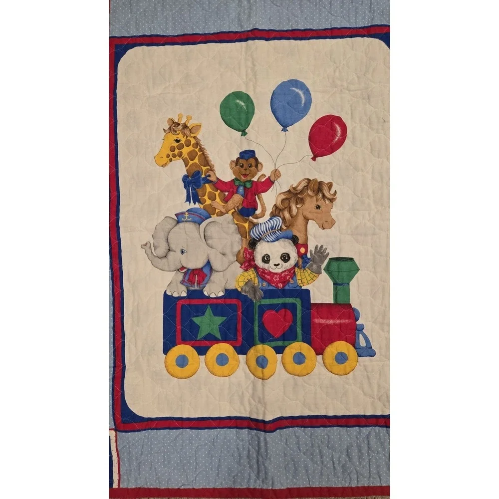 Baby Crib Quilt ABC Animal Train Blue Red Vintage Nursery Blanket 40x31